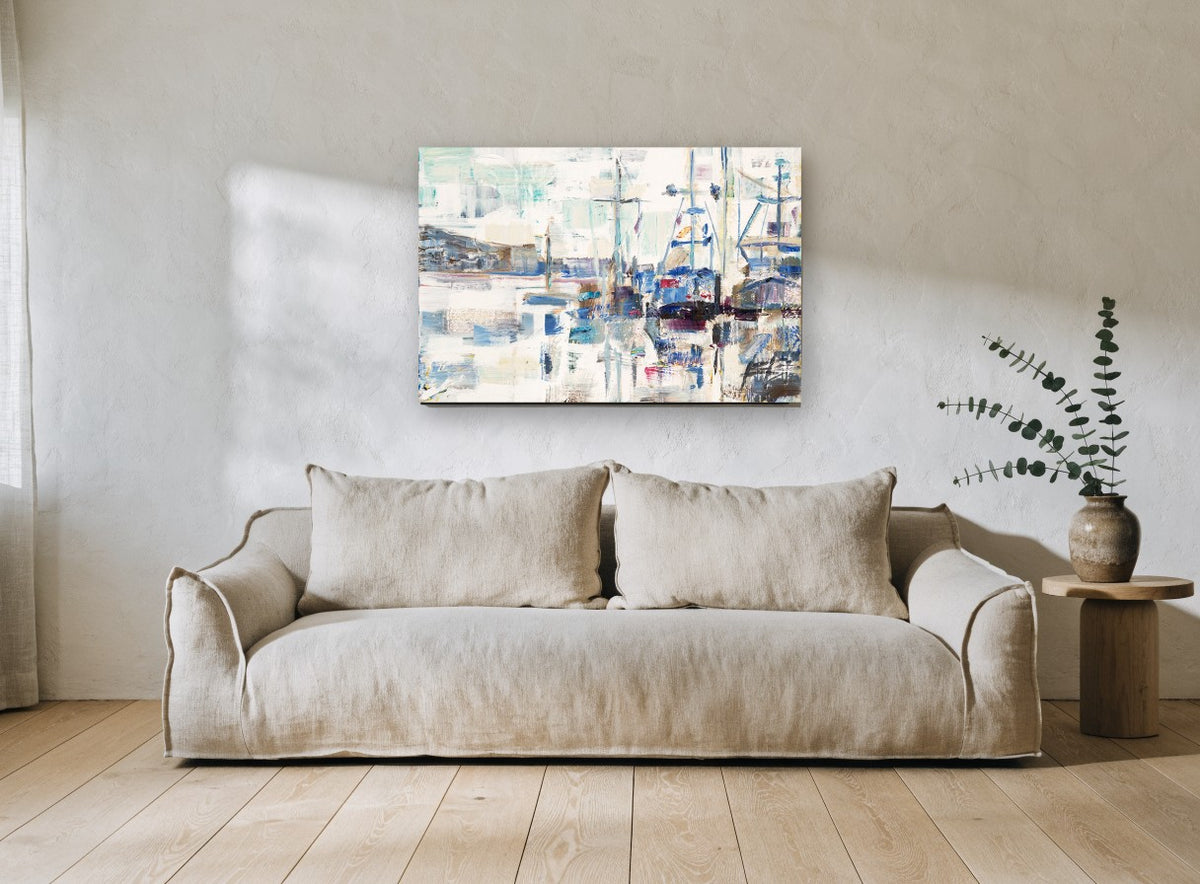 Harbour in White Light coastal canvas print on the wall of a living room
