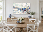 Harbour in White Light coastal canvas print on the wall of a Hamptons dining room