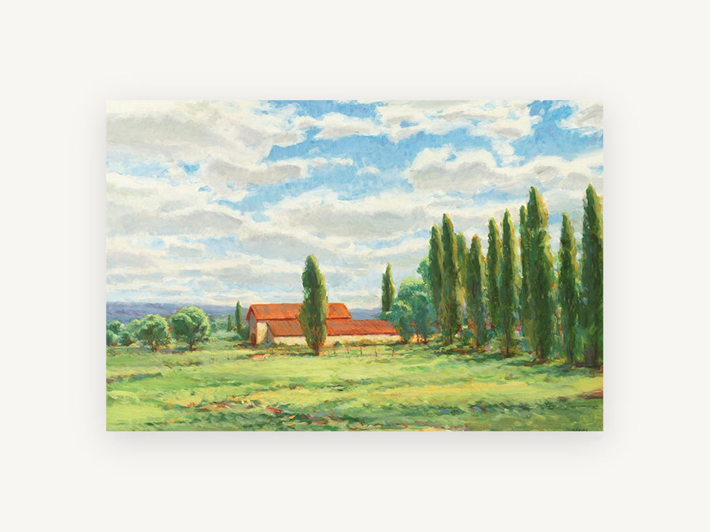 Poplars and Red Barn, red roof barn poplar countryside painting, landscape canvas wall art print, front view