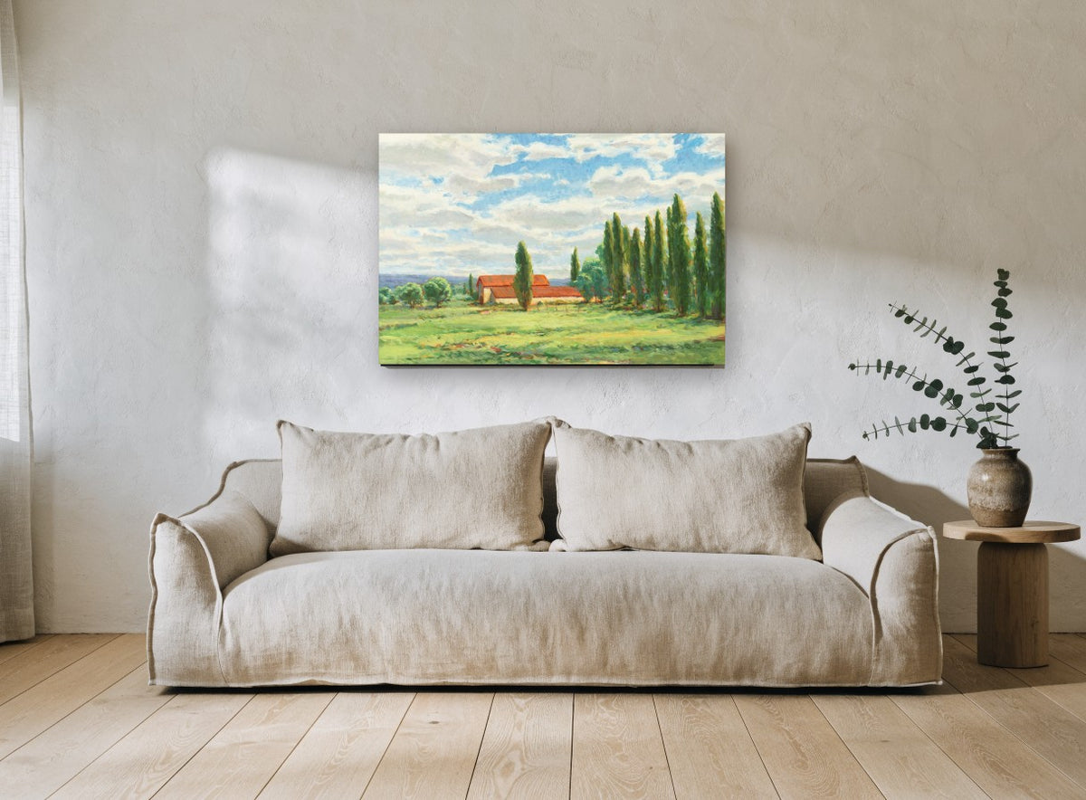 Poplars and Red Barn landscape canvas print on the wall of a living room