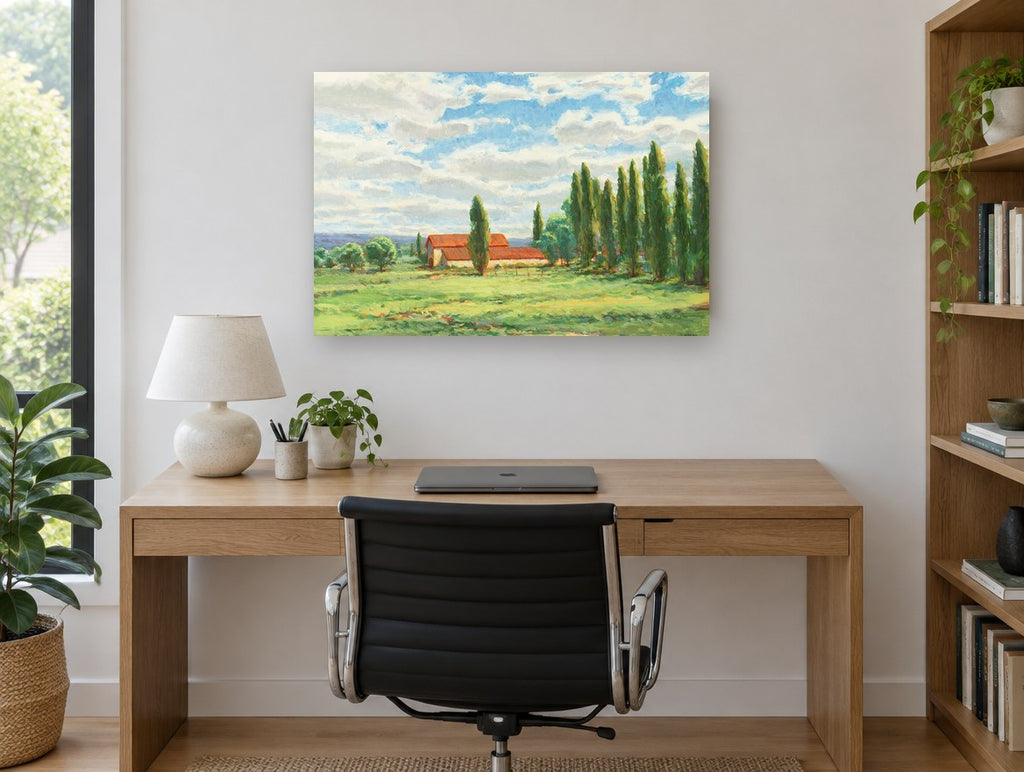 Poplars and Red Barn landscape canvas print on the wall of a study