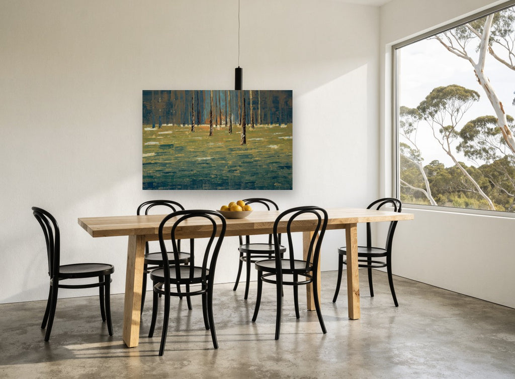 Twilight Trunk Clearing landscape canvas print on the wall of a dining room