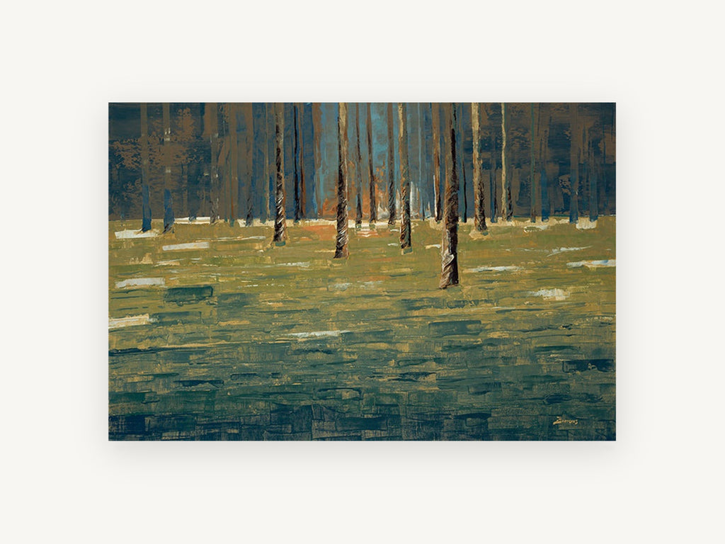 Twilight Trunk Clearing, abstract forest clearing trunks artwork, landscape canvas wall art print, front view