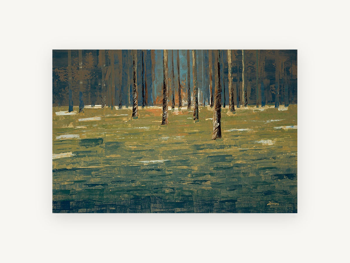 Twilight Trunk Clearing, abstract forest clearing trunks artwork, landscape canvas wall art print, front view