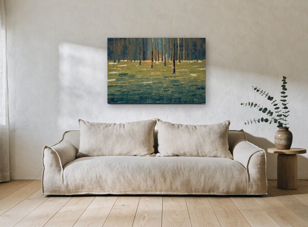 Twilight Trunk Clearing landscape canvas print on the wall of a living room