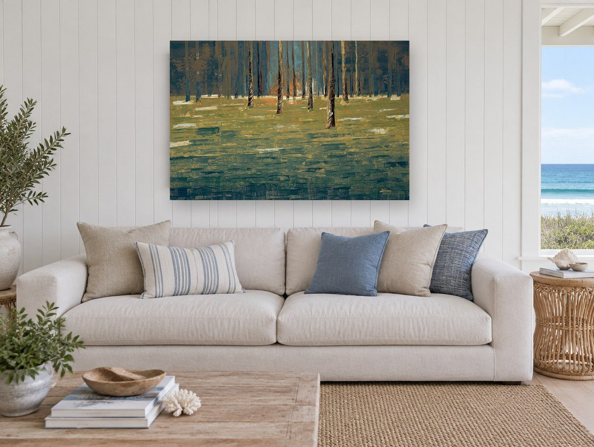 Twilight Trunk Clearing landscape canvas print on the wall of a beach house living room