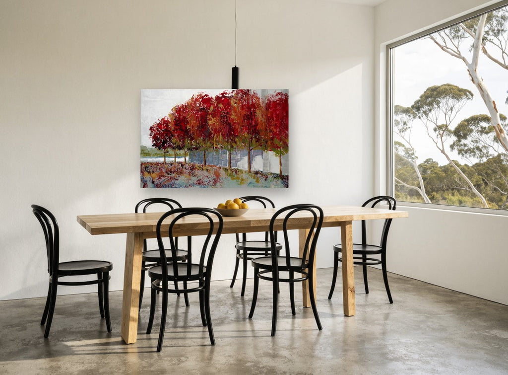 Crimson Tree Row landscape canvas print on the wall of a dining room