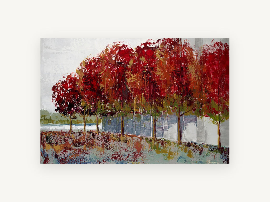 Crimson Tree Row, red autumn trees painterly landscape, landscape canvas wall art print, front view