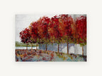 Crimson Tree Row, red autumn trees painterly landscape, landscape canvas wall art print, front view