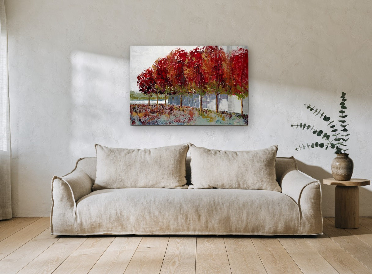 Crimson Tree Row landscape canvas print on the wall of a living room