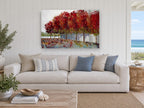 Crimson Tree Row landscape canvas print on the wall of a beach house living room