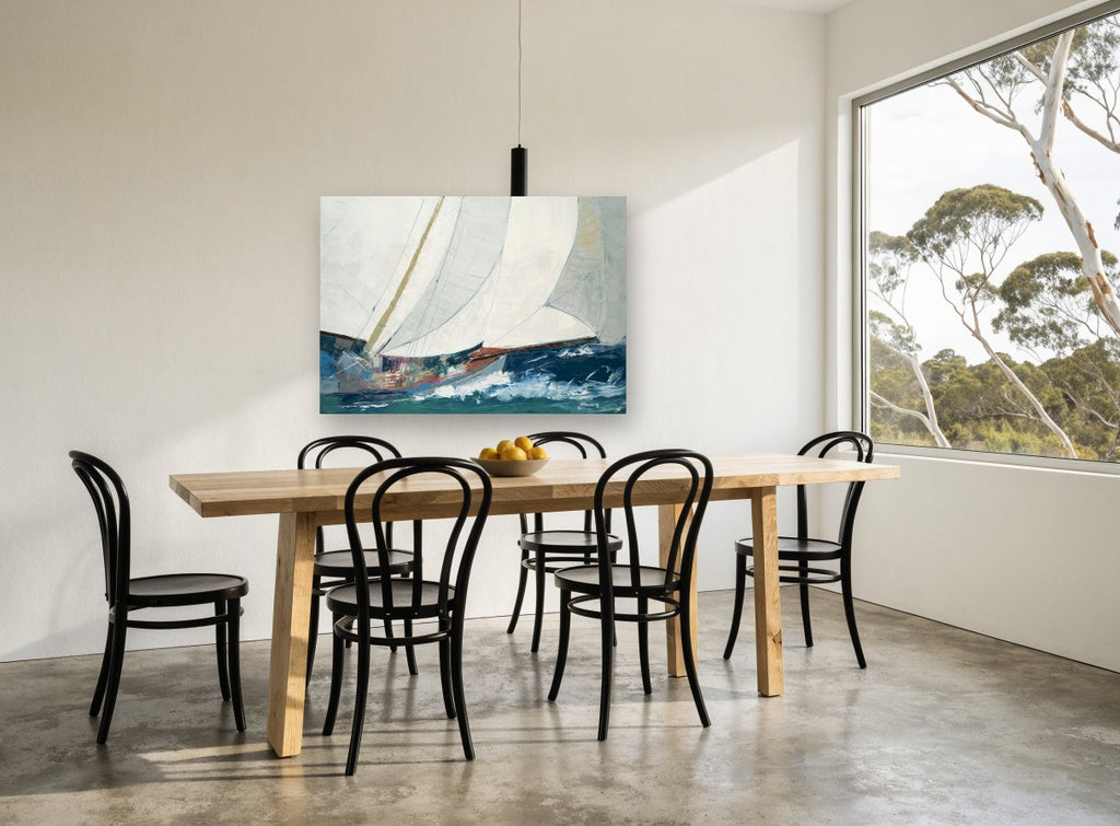 Heeling Under Full Sail coastal canvas print on the wall of a dining room