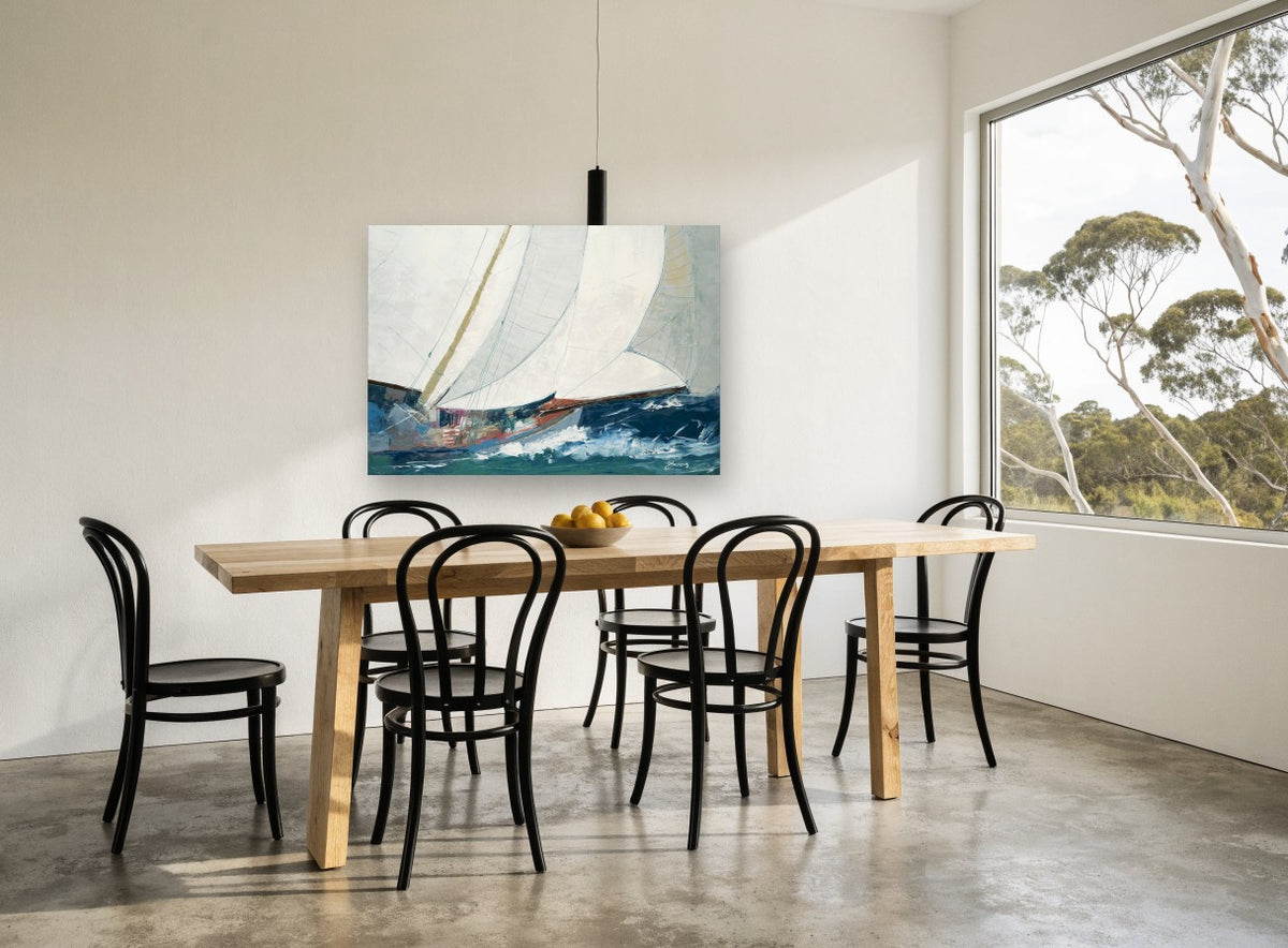 Heeling Under Full Sail coastal canvas print on the wall of a dining room