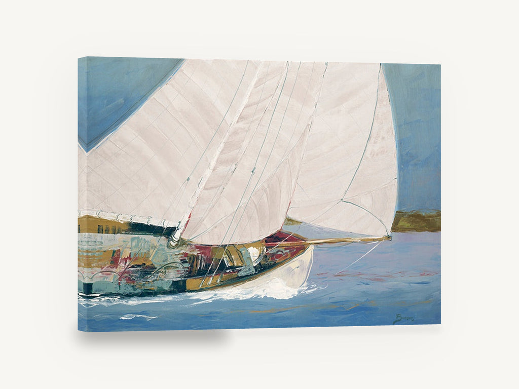 Sails Full Across Blue, sailing yacht close up seascape painting, coastal canvas wall art print ready to hang
