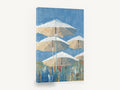 Parasols Against Blue, beach umbrellas contemporary seascape painting, coastal canvas wall art print ready to hang