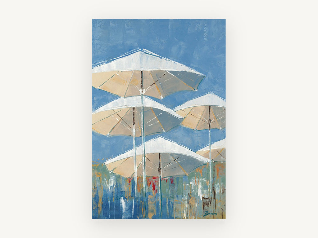 Parasols Against Blue, coastal canvas wall art print, front view