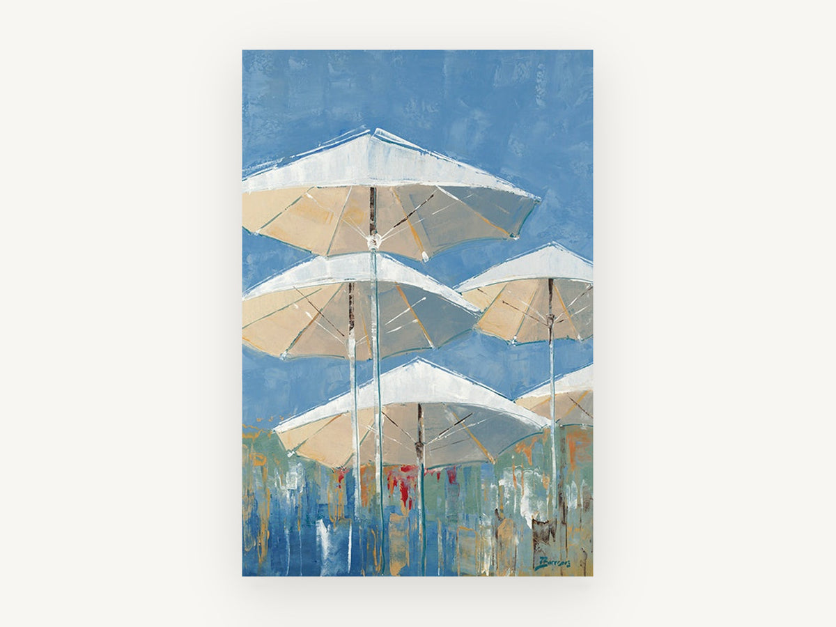 Parasols Against Blue, coastal canvas wall art print, front view