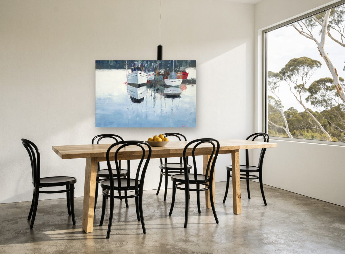 Still Harbour Moorings coastal canvas print on the wall of a dining room