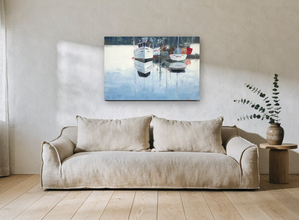 Still Harbour Moorings coastal canvas print on the wall of a living room