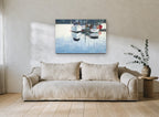 Still Harbour Moorings coastal canvas print on the wall of a living room