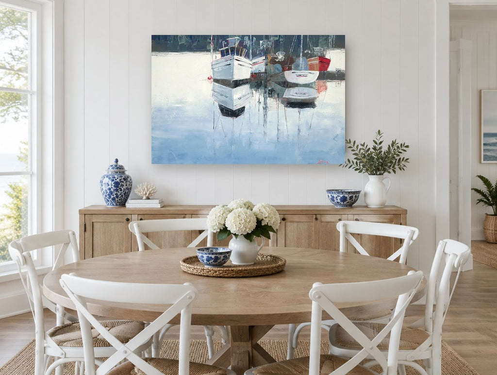 Still Harbour Moorings coastal canvas print on the wall of a Hamptons dining room