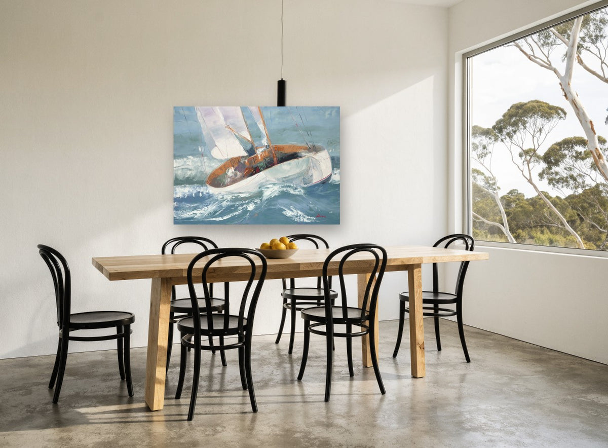 Heeling Into the Swell coastal canvas print on the wall of a dining room