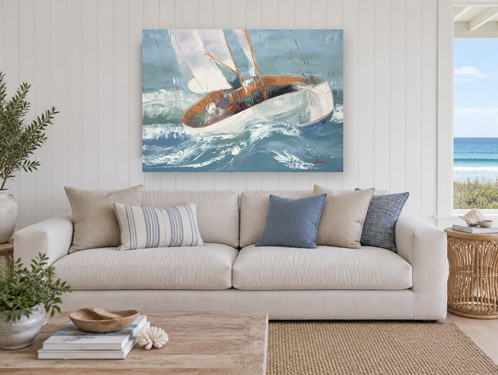 Heeling Into the Swell coastal canvas print on the wall of a beach house living room
