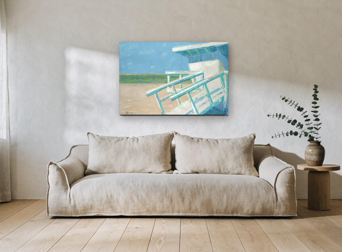 Lifeguard Tower Stairs coastal canvas print on the wall of a living room