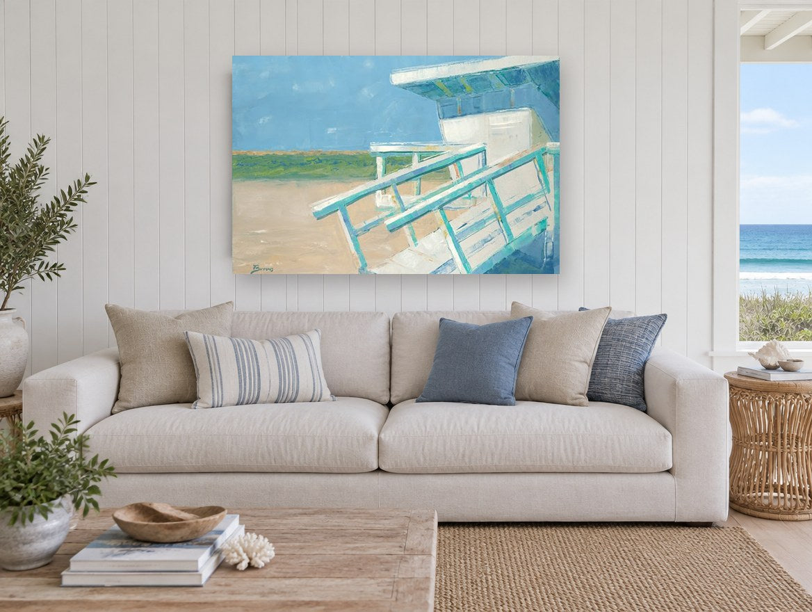Lifeguard Tower Stairs coastal canvas print on the wall of a beach house living room