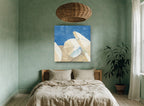 Umbrellas on Blue vintage canvas print on the wall of a bedroom