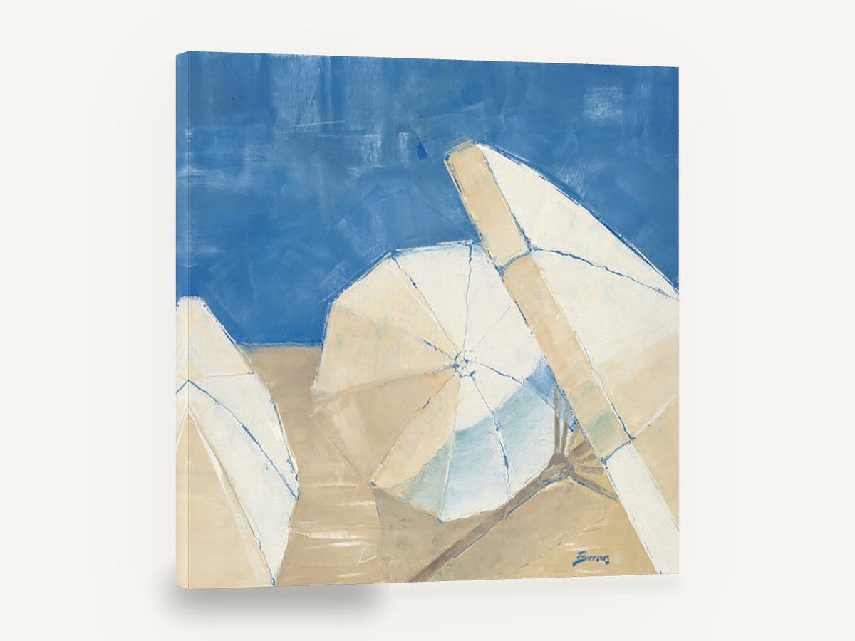Umbrellas on Blue, coastal beach umbrellas canvas art, stretched canvas wall art print ready to hang