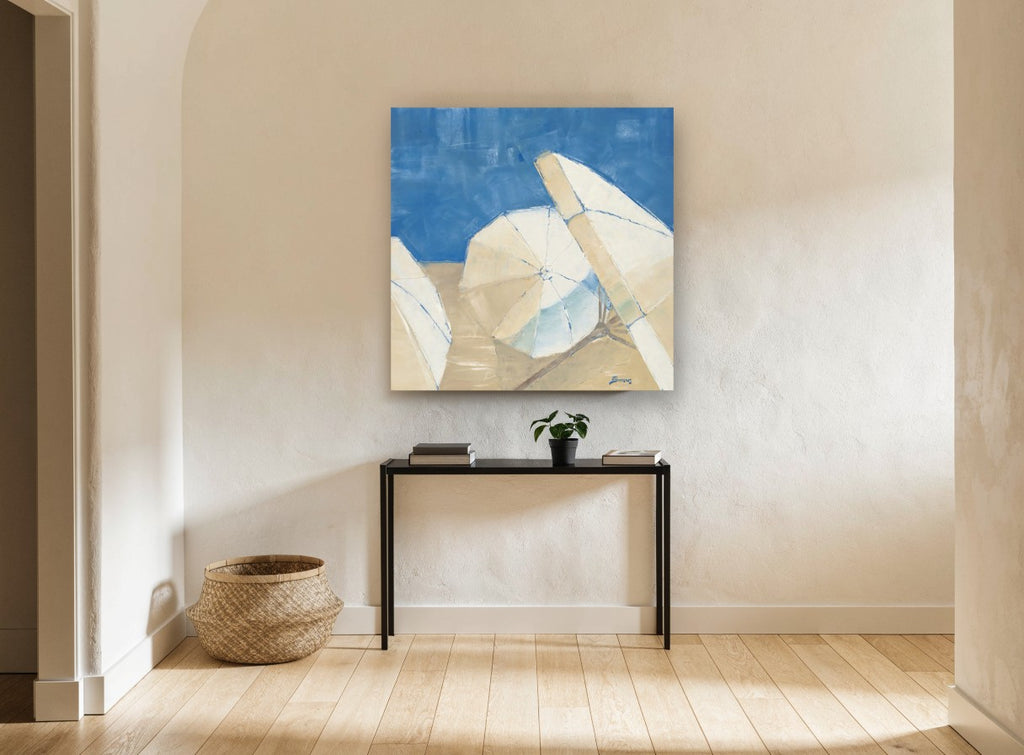 Umbrellas on Blue vintage canvas print on the wall of a hallway
