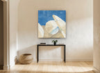 Umbrellas on Blue vintage canvas print on the wall of a hallway