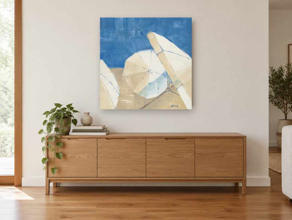 Umbrellas on Blue vintage canvas print on the wall of a living room above a sideboard
