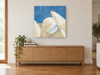Umbrellas on Blue vintage canvas print on the wall of a living room above a sideboard