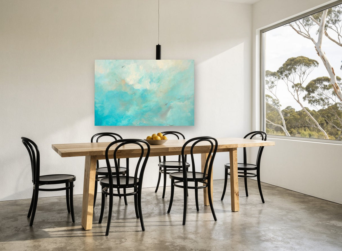 Gulls Through Turquoise Sky animal canvas print on the wall of a dining room