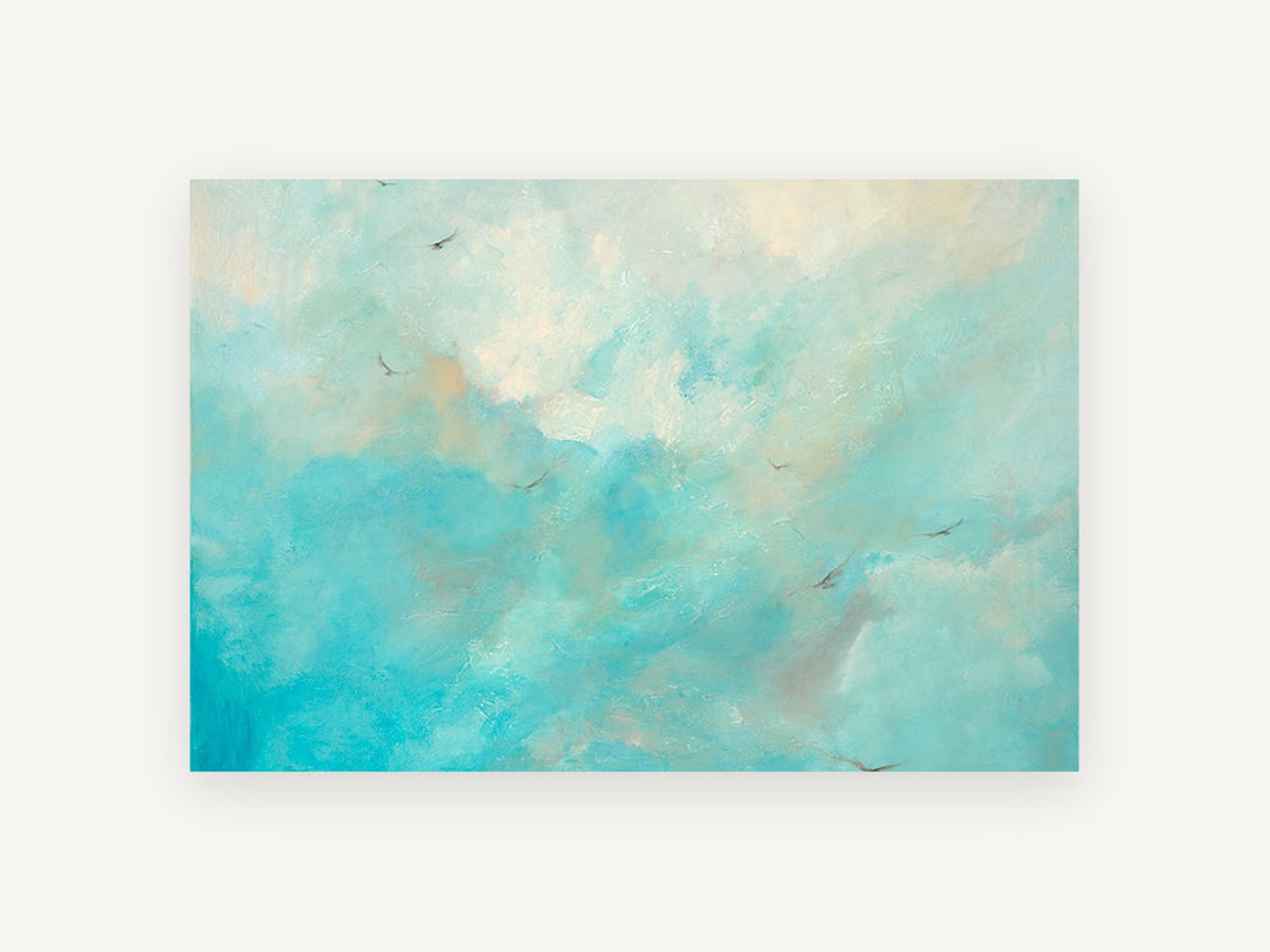 Gulls Through Turquoise Sky, birds in turquoise sky painting, animal canvas wall art print, front view