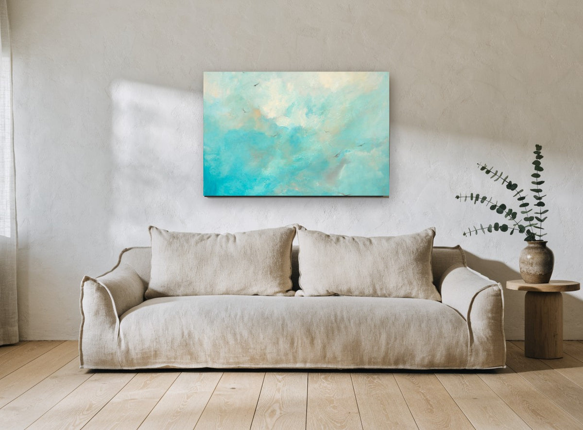 Gulls Through Turquoise Sky animal canvas print on the wall of a living room