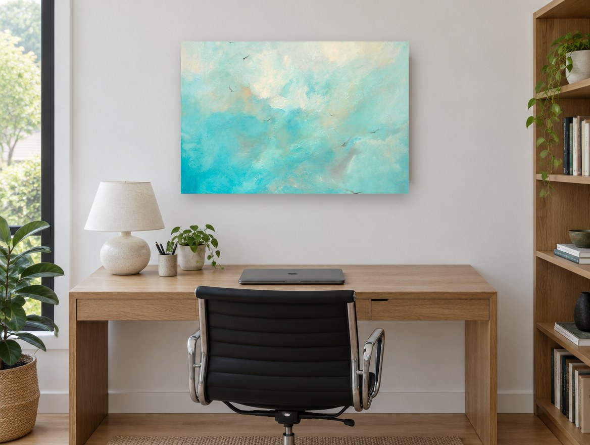 Gulls Through Turquoise Sky animal canvas print on the wall of a study