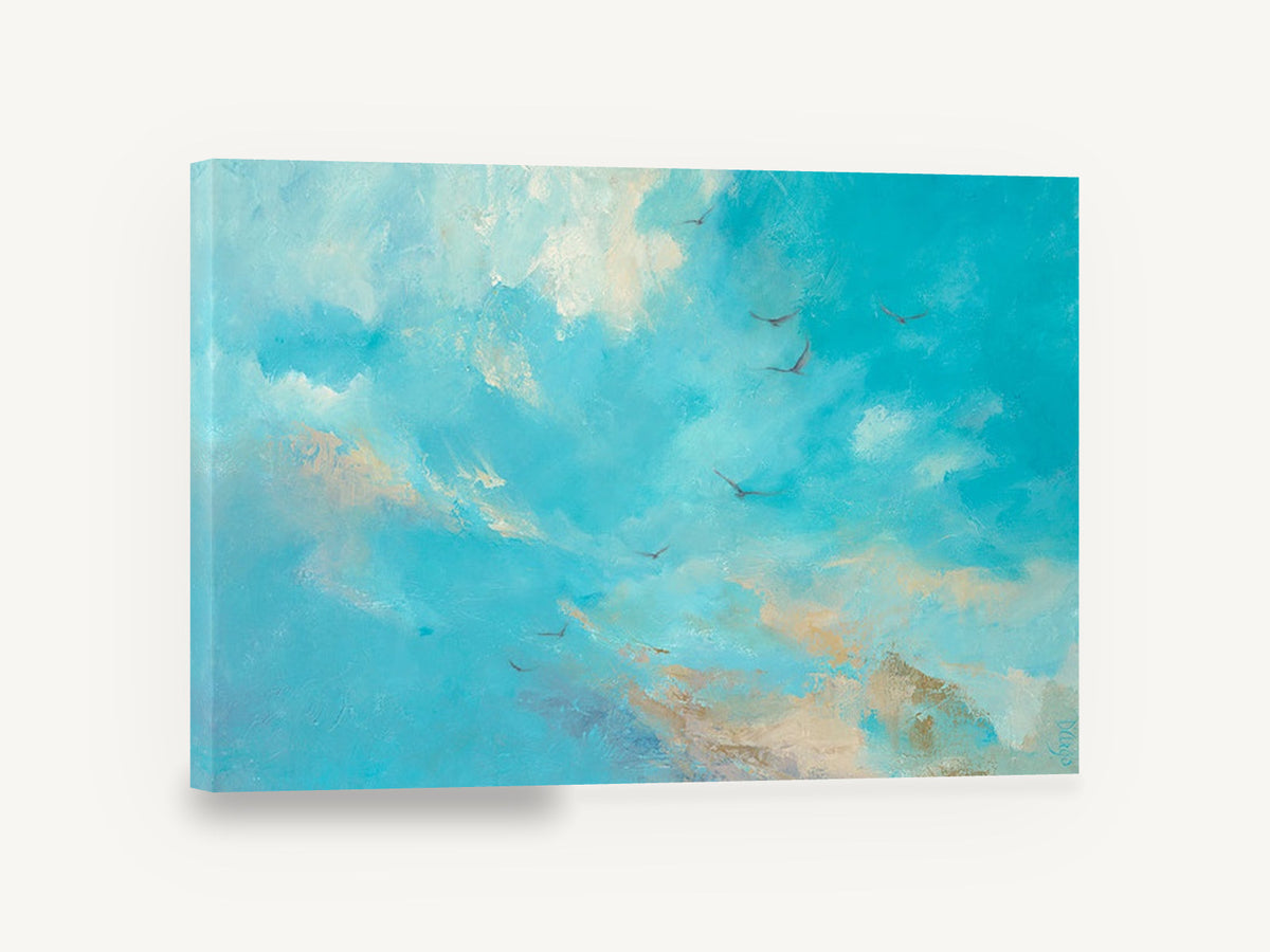 Birds Across Turquoise Sky, birds in turquoise sky painting, animal canvas wall art print ready to hang