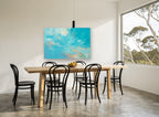Birds Across Turquoise Sky animal canvas print on the wall of a dining room