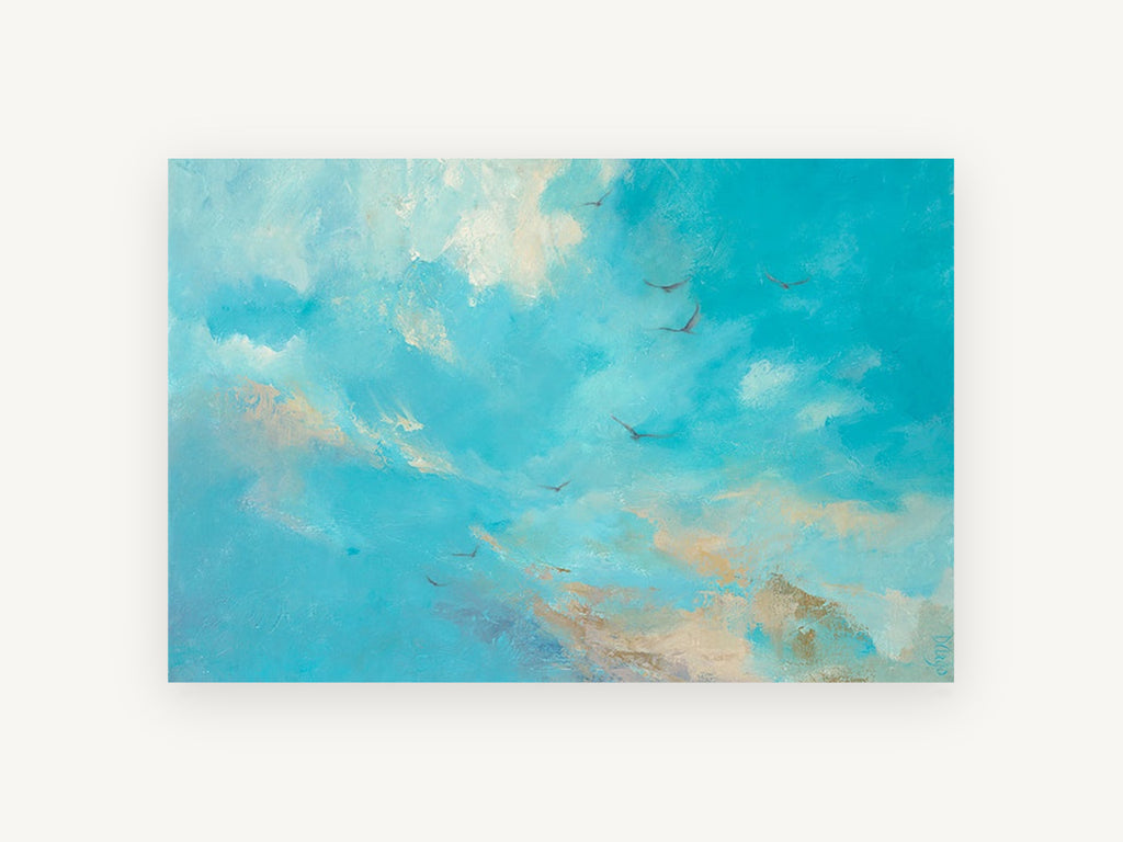 Birds Across Turquoise Sky, birds in turquoise sky painting, animal canvas wall art print, front view