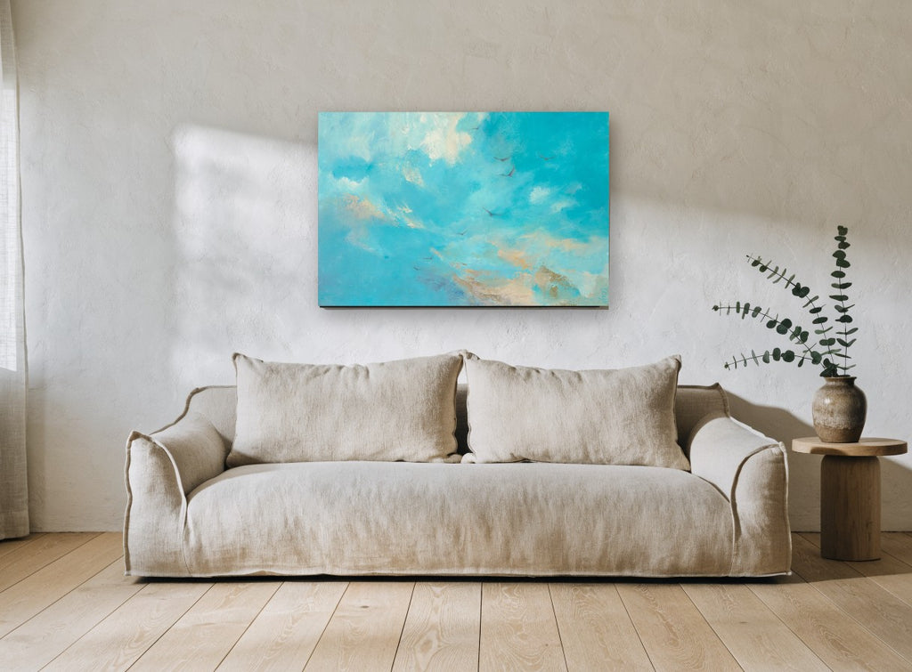 Birds Across Turquoise Sky animal canvas print on the wall of a living room