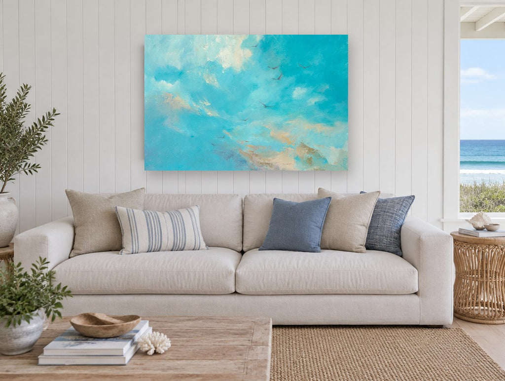 Birds Across Turquoise Sky animal canvas print on the wall of a beach house living room