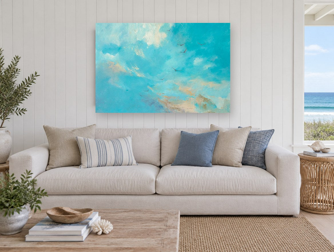 Birds Across Turquoise Sky animal canvas print on the wall of a beach house living room