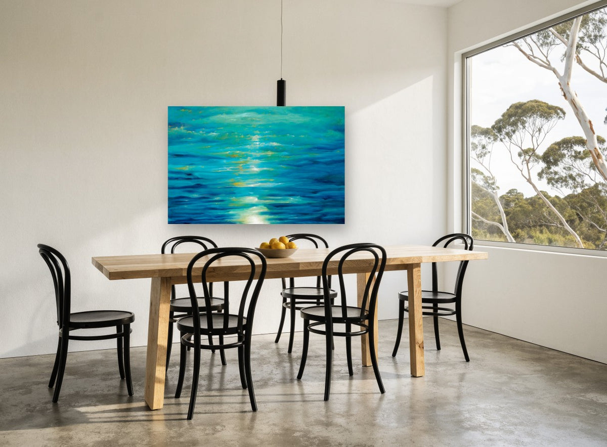 Moonlit Teal Shimmer coastal canvas print on the wall of a dining room