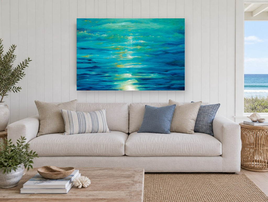 Moonlit Teal Shimmer coastal canvas print on the wall of a beach house living room