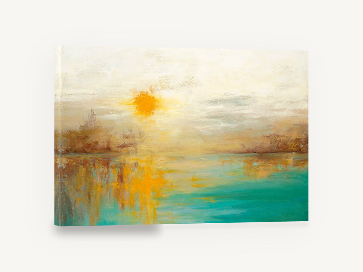 Amber Sun Lagoon, golden sun teal water abstract seascape, coastal canvas wall art print ready to hang
