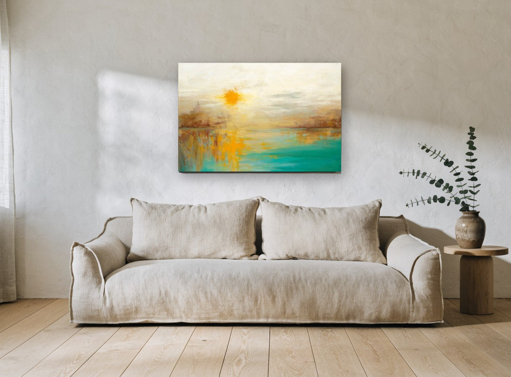 Amber Sun Lagoon coastal canvas print on the wall of a living room