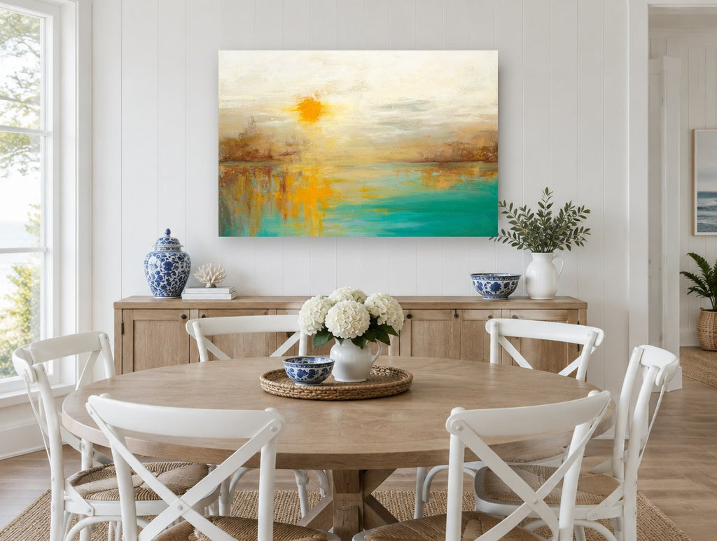 Amber Sun Lagoon coastal canvas print on the wall of a Hamptons dining room